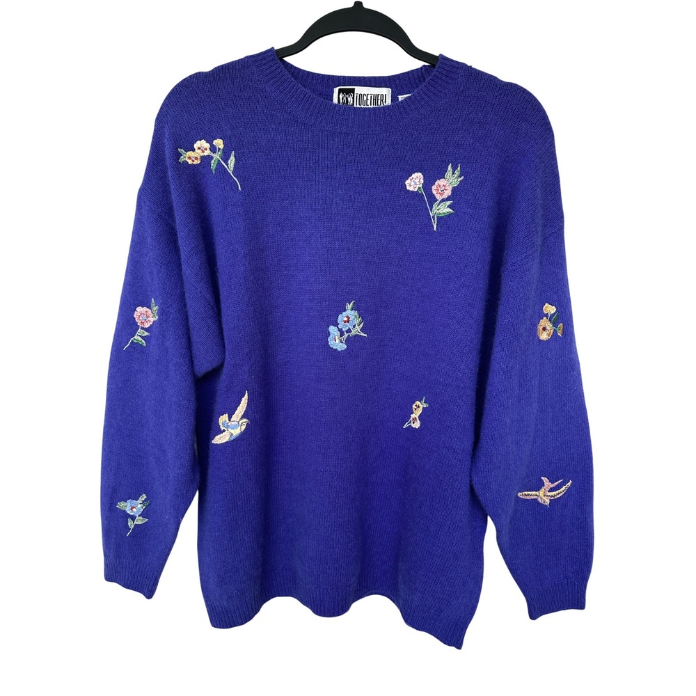 Together! Vintage Purple Lambswool Angora Embroidered Floral Bird Sweater M